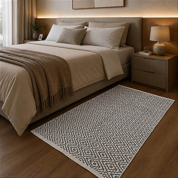Beira Cama Boho - Cru com bordado Preto