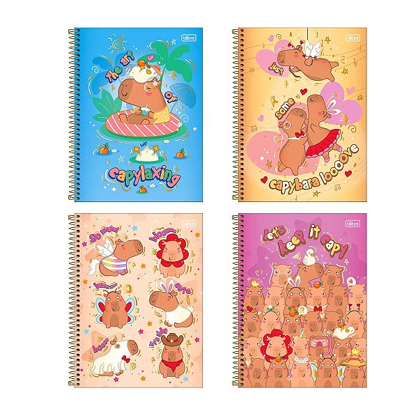 Caderno CapyClub Capivara Adesivos Capa Dura Espiral 1 Matéria 80 Folhas Tilibra