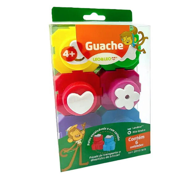 kit 6 Guache com Pote Encaixável e carimbos Leo&Leo