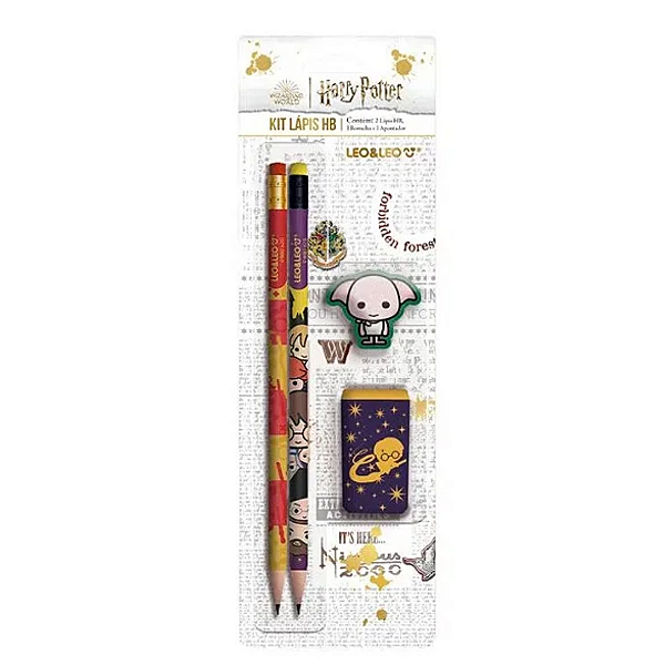 Kit Escolar 4 Peças Harry Potter 2 Lápis de escrever 1 Borracha e 1 Apontador