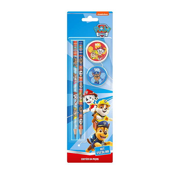 Kit Escolar 4 Peças Patrulha Canina 2 Lápis de escrever 1 Borracha e 1 Apontador