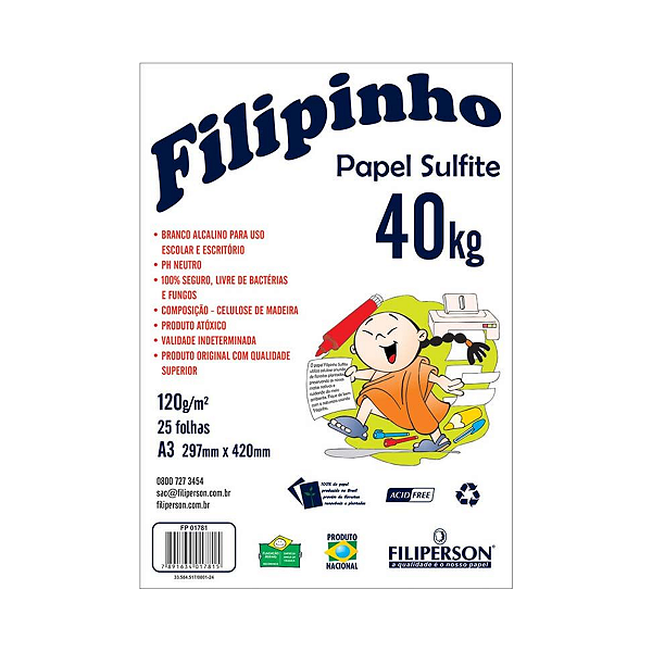Pacote de Papel Sulfite Filipinho A3 120gm 297mmx420mm com 25 Folhas Filiperson