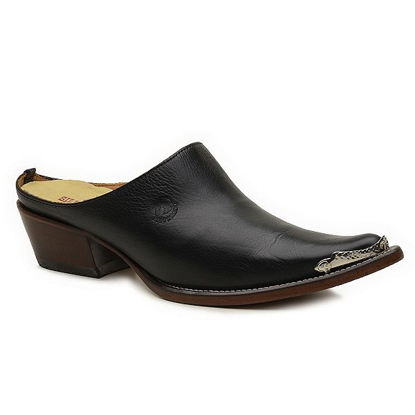 Babuche Country Masculino Couro Preto Com Biqueira Prata - Silverado Botas