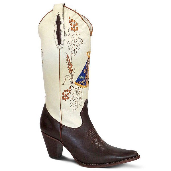 Bota Texana Feminina Couro Marfim e Cafe Nossa Senhora  - Silverado Botas