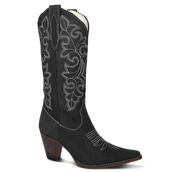 Bota Texana Feminina Couro Nobuck Preto  - Silverado Botas