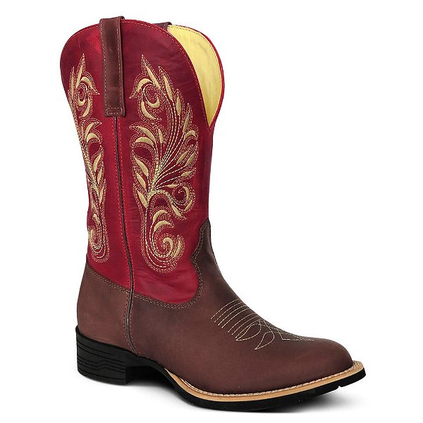 Bota Texana Country Feminino Couro Fossil e Vermelho - Silverado Botas