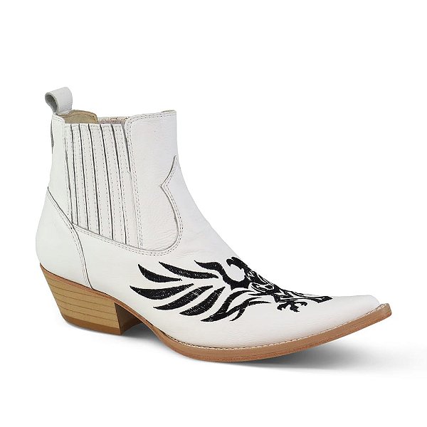 Botina Country Bico Fino Masculino Couro Branco Aguia - Silverado Botas