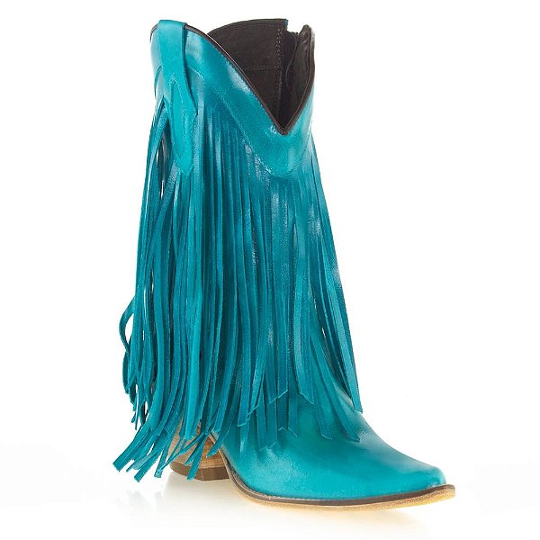 Bota Texana Feminina Franja Couro Dallas Azul Turquesa - Silverado Botas