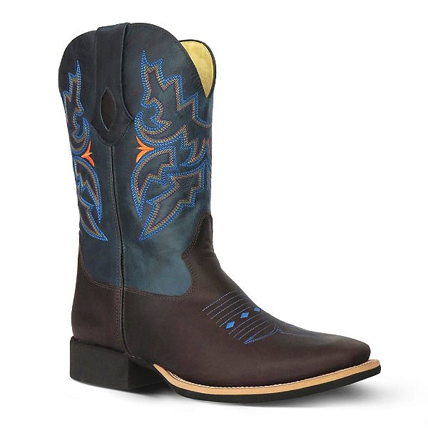 Bota Texana Country Masculino Couro Fossil Cafe e Azul - Silverado Botas