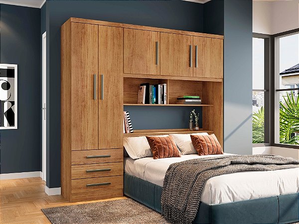 Guarda Roupa Com Baú E Cabeceira Para Cama Box Casal México 5 Portas - Carioca Móveis