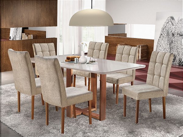 Mesa Marka tampo em vidro com 06 cadeiras em madeira MEDIDA: 1.60X90