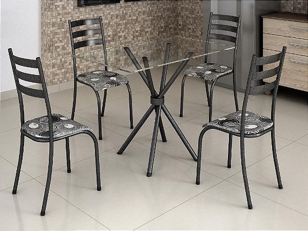 Conjunto Mesa Tubular prata com 4 cadeiras tampo Vidro (LD)