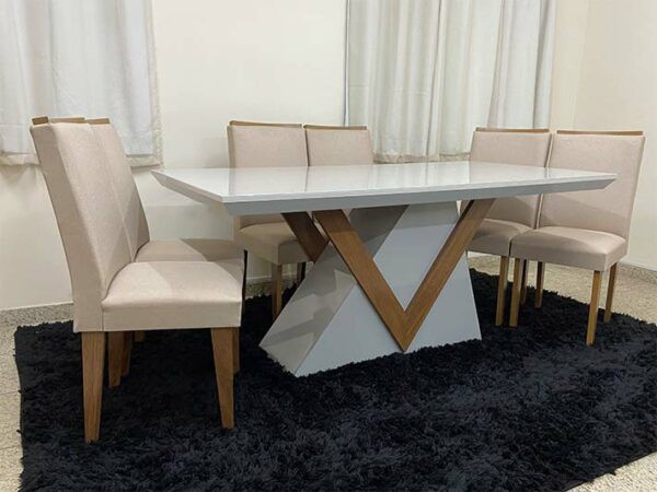 Mesa de jantra 1.80 Toquio Off white/imbuia com 06 cadeiras Lunara bege 07-AP