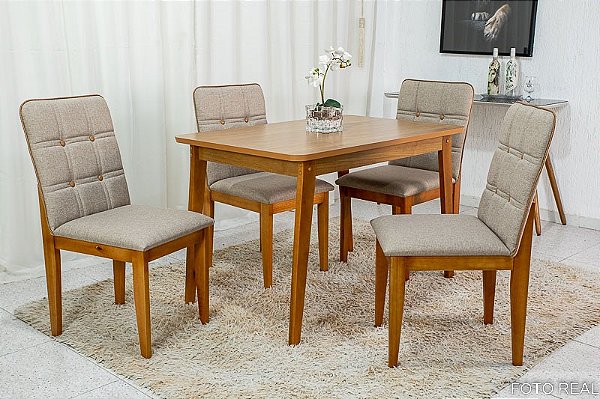 Mesa de jantar Elegance Tampo MDF 1.20x0.80 com 04 cadeiras Àgata em tecido linho JCM madeira maciça (rfld)