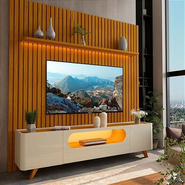 Rack com painel Nobre Pés em Madeira  Tv até 85"- Gelius