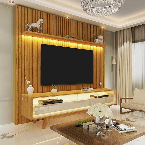 Painel Nobre Larg. 1.85m + Rack Requinte Larg. 1.72m C/LED Naturale/Off Tv até 75" -  Geliusrf
