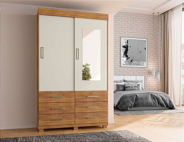 Roupeiro Búzios 2 portas de correr, espelho e 6 gavetas - Rud Rack