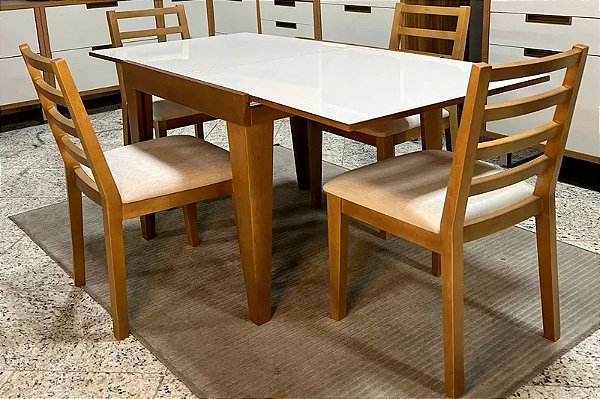Mesa extensível Tock mel 80×80 Tampo Vidro Off 4 Cad. Madeira Maciça Aline