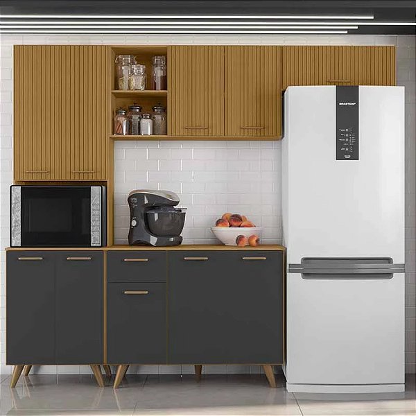 Armário Cozinha Olinda 4 Peças Paneleiro + Aéreo 1.20m + Balcão e Aéreo de Geladeira - Poliman
