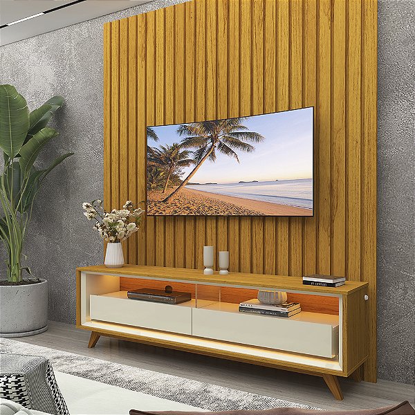 Conjunto Painel Nobre 140 Off White e Rack Requinte 128 Pes Madeira - Gellius