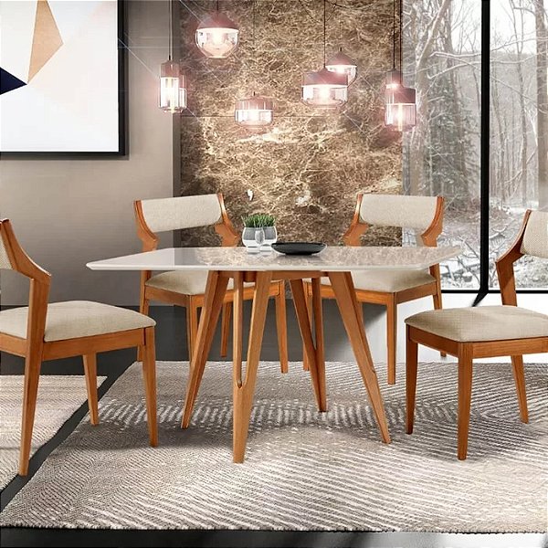 Mesa de Jantar Sparta com 4 Cadeiras Sparta 120x90 Madeira Maciça Tauari e Vidro 25mm