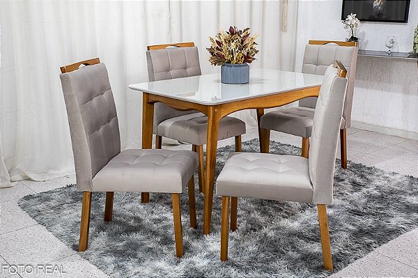 Mesa de Jantar Escócia Mel Tampo Vidro Off/White 120×80 4 Cadeiras Berlim Veludo - Art Assento Madeira Maciça
