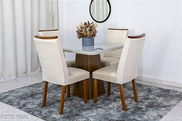 Mesa Jantar Luna Tampo Vidro Canto Copo 0.90x0.90 04 cadeiras Lunara - Rufato