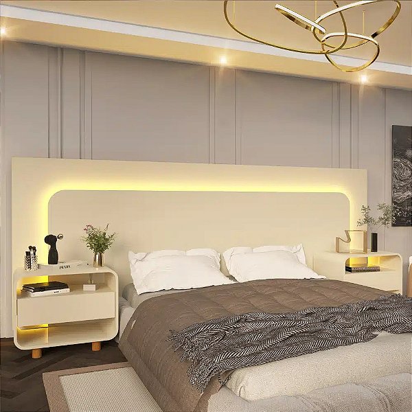 Cabeceira Box Innova 1.40/1.60/1.95 com Led e 2 mesas de cabeceira - Gelius