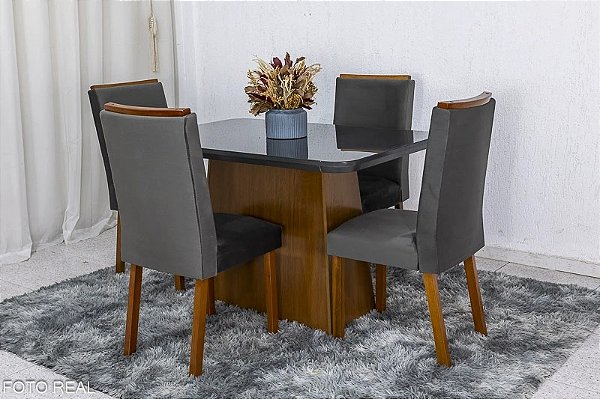 Mesa Jantar Luna Imbuia Tampo Vidro Canto Copo 120×80 4 Cadeiras Lunara Madeira Maciça - Rufato