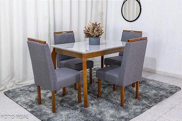 Mesa de jantar Alegra 1.20x0.80 tampo vidro com 04 cadeiras Diamante madeira maciça - JCM