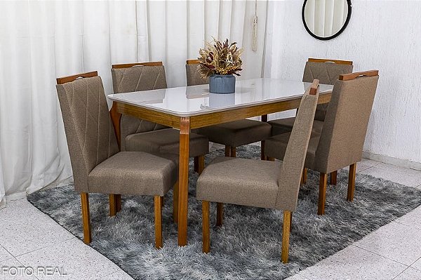 Mesa de Jantar Alegra Tampo Vidro 160×80 6 Cadeiras Diamante - JCM Moveis