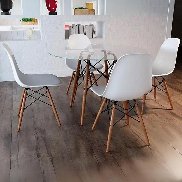 Mesa Redonda DKR tampo vidro 90x90  com 4 Cadeiras DKR PP Branco – Or Design