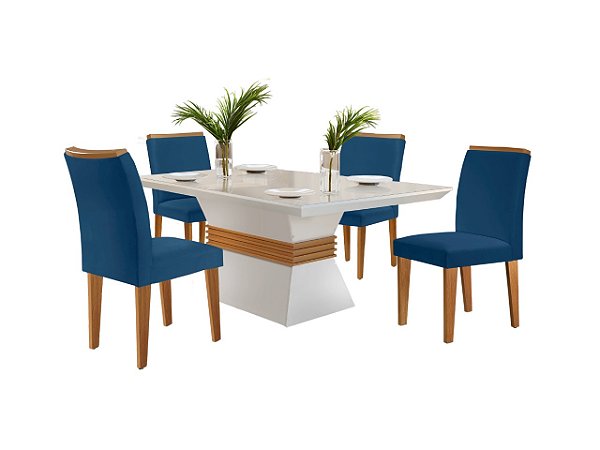 Mesa Ágata 120 Canto Reto Off White/Imbuia com 4 Cadeiras Athenas Azul – Rufato