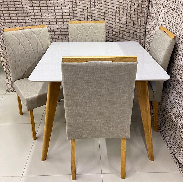 Mesa Jade Slim 100x80 Madeira Maciça Vidro Off 4 Cadeiras Madeira Veludo - Carvalho Decor