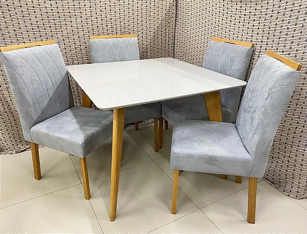 Mesa Jade Slim 120x80 Madeira Maciça Vidro Off 4 Cadeiras Madeira Veludo - Carvalho Decor