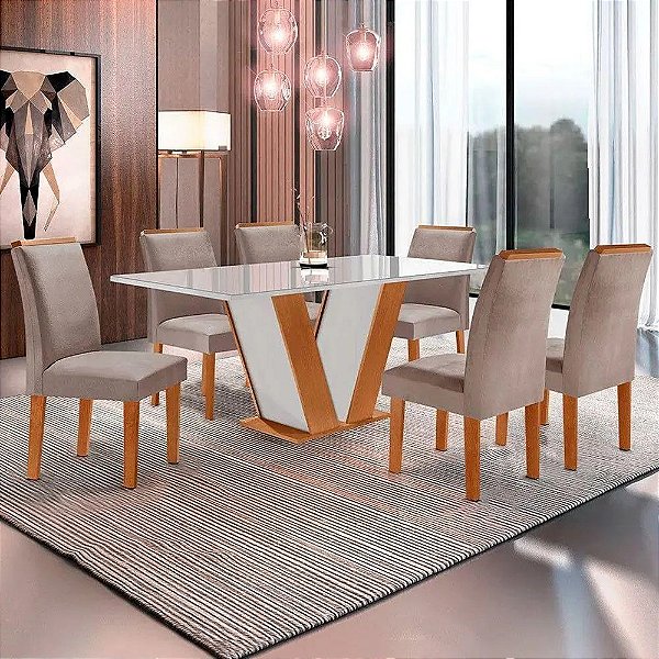 Mesa de Jantar Qatar 1.60x80 MDF/Vidro com 06 Cadeiras Londres - Cel Móveis