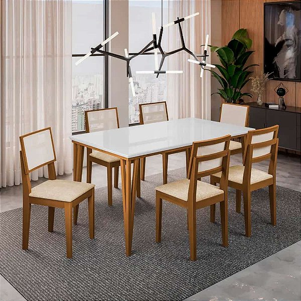 Mesa de Jantar Safira com Tampo em Vidro 1.80x90 com 06 Cadeiras - Doubue