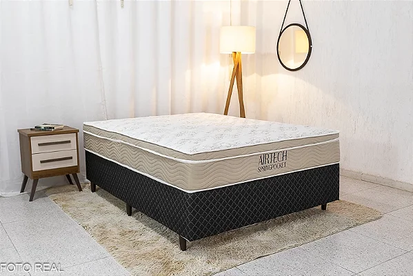 Box Casal Veneza Preto + Colchão Casal Airtech Springpocket 138x188x25 - Ortobom