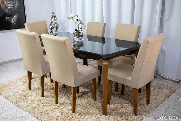 Mesa Jantar Londrina Tampo Copo 180×90 com 6 Cadeiras Luxo Veludo - Rufato