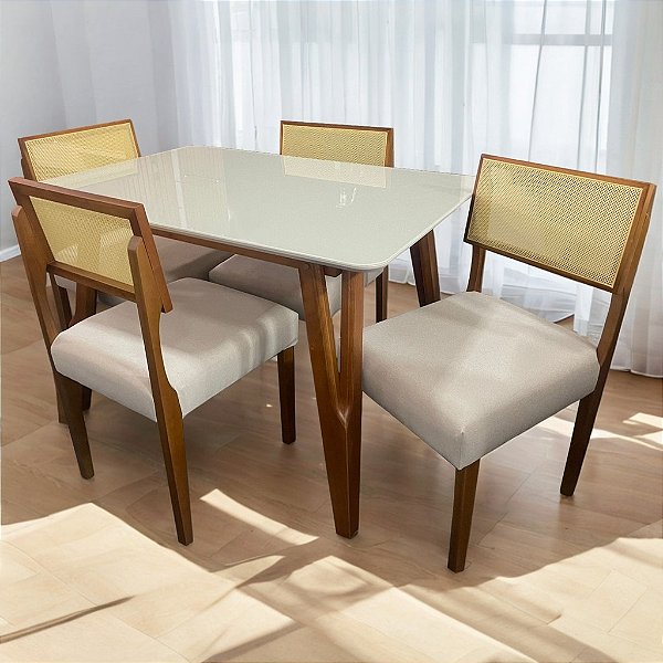 Mesa Siena 120 Mel/Off White com 4 Cadeiras Grécia Mel/Linho Bege – Art Assentos + HR Movelaria