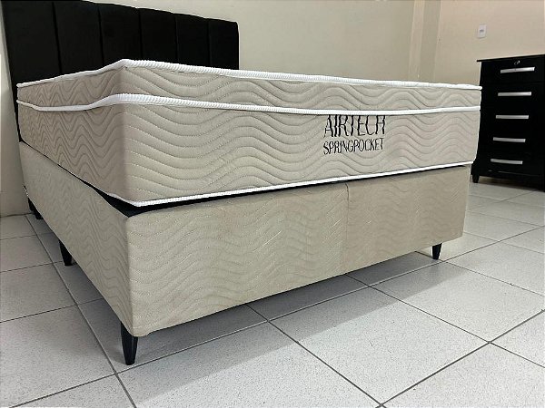 Base Box Sommier Camurça Bege – 138x188x30 + Colchão Airtech SpringPocket Molas Ensacadas Casal – 138x188x30