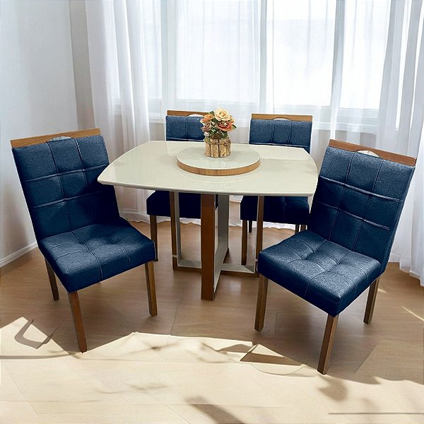 Mesa Atlas Mel/Off White Canto Barril 120×90 com 4 Cadeiras Sophia Mel/Veludo Azul