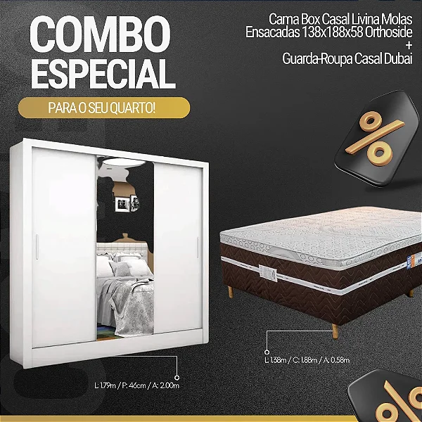 Roupeiro Dubai C/Espelho 3 Pts. 3 Gav. Branco Larg. 1.79m Carioca + Cama Box Casal Livina Molas Ensacadas 138x188x58 Orthoside