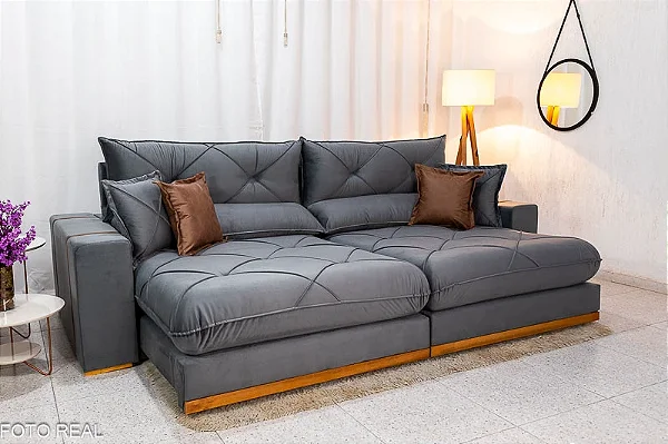 Retrátil Reclinável 2.90m Gran Bello Veludo Cinza - D33 e Molas Ensacadas