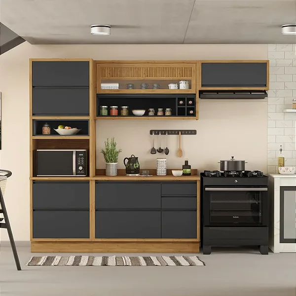 Cozinha Compacta 4 Peças 6 Portas 5 Gavetas 1 Nicho para Forno Lisboa Itatiaia 2.70m Freijó/Grafite Intenso