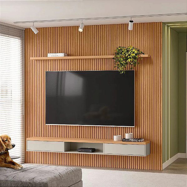 Painel Ripado Modular 2.60m TV Até 75 1 Nicho 1 Prateleira 1 Porta Nature/Off White - Linea Brasil