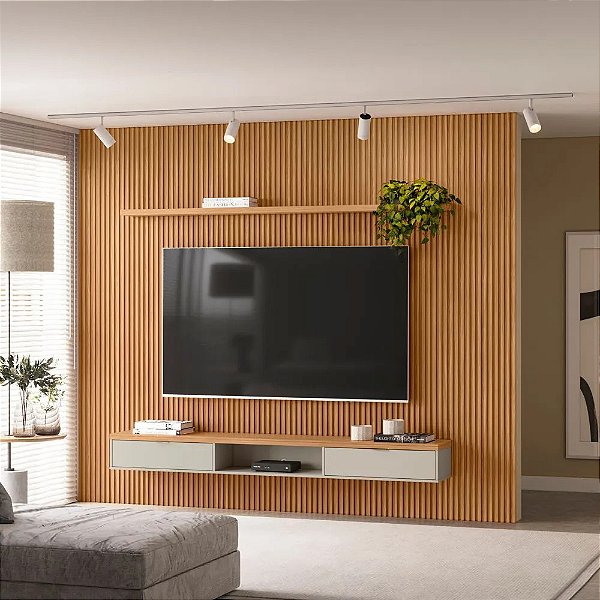 Painel Ripado Modular 3.00m TV Até 75 1 Nicho 1 Prateleira 1 Porta Nature/Off White - Linea Brasil