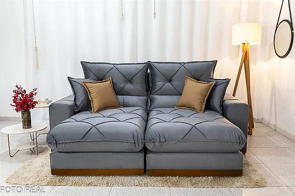 Retrátil Reclinável 2.00m Gran Bello Veludo Cinza - D33 e Molas Ensacadas