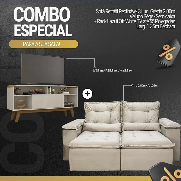 Retrátil Reclinável Grécia 2.00m Veludo Bege - Sem Caixa + Rack Lazuli Off White TV até 55 Pol. Larg. 1.35m Bechara