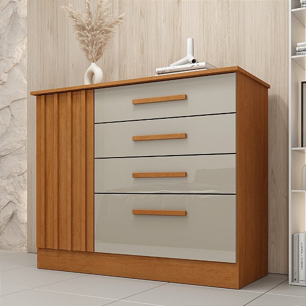 Cômoda Sapateira Guarani 4 Gavetas 1 Porta Tcil – Ripado Cinamomo/Off White